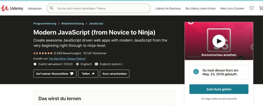 Die 5 besten Javascript Kurse für Anfänger*innen - 4 JavaScript lernen auf Udemy
